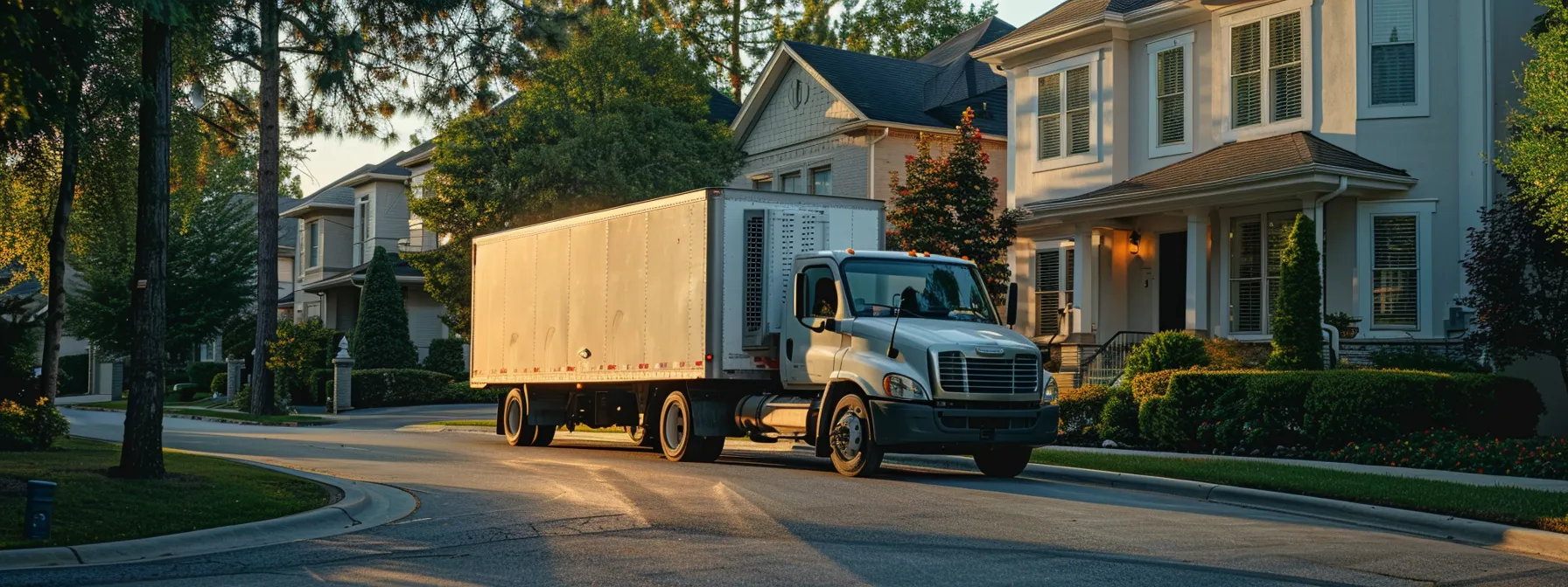 a moving truck parked in front of a residential home.