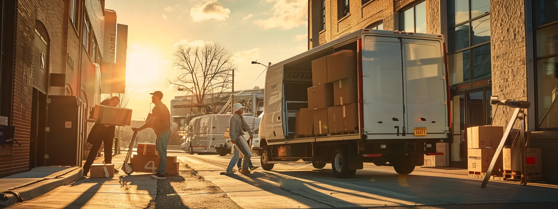 a group of movers loading boxes and furniture onto a century van lines truck in kansas city.