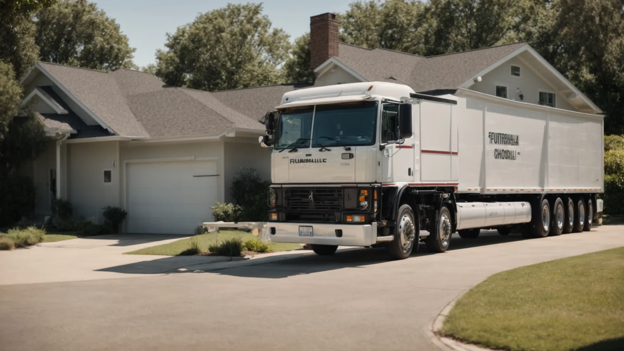 a large moving truck parked in front of a suburban house on a sunny day.
