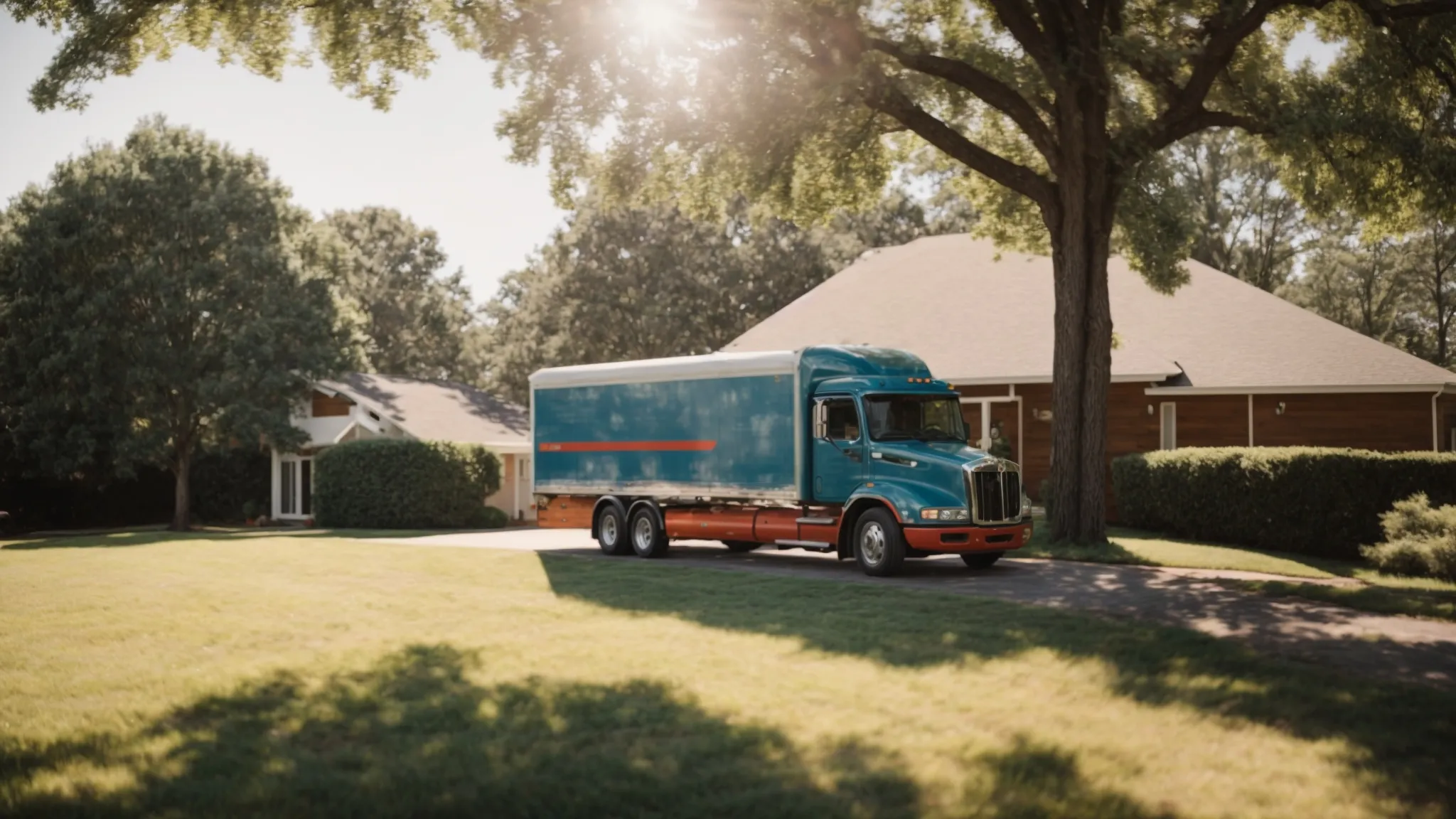 a moving truck is parked in front of a house, with open doors but no visible logos, amidst a sunny day.