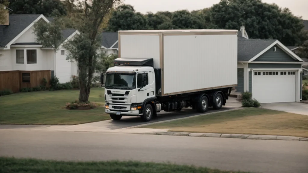 a moving truck parked in front of a home under a clear sky, conveying a sense of readiness and organization.